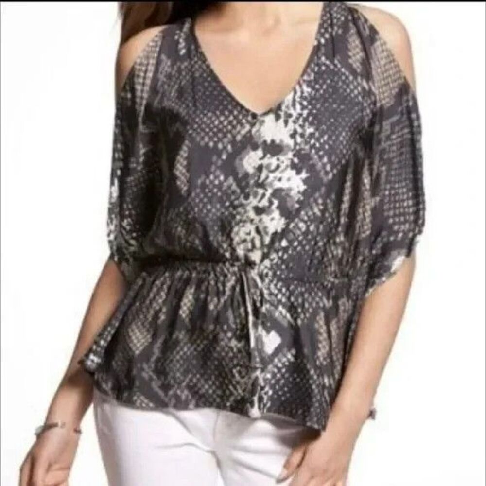 Express Snakeskin Print Small P Cold Shoulder Bat Sleeve Draw String Waist Top